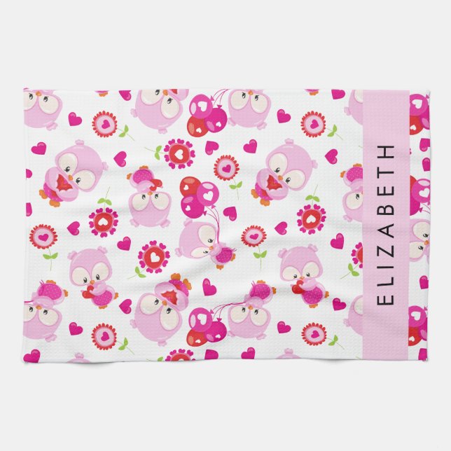 Pattern Of Owls, Cute Owls, Pink Owls, Your Name Tea Towel (Horizontal)