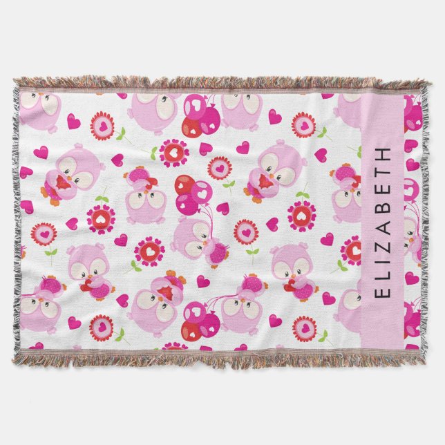Pattern Of Owls, Cute Owls, Pink Owls, Your Name Throw Blanket (Front)