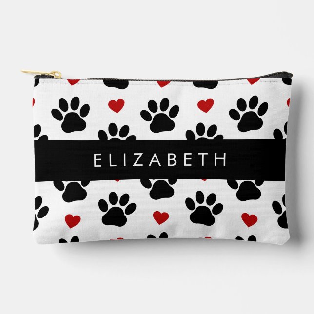 Pattern Of Paws, Black Paws, Red Hearts, Your Name Accessory Pouch (Front)