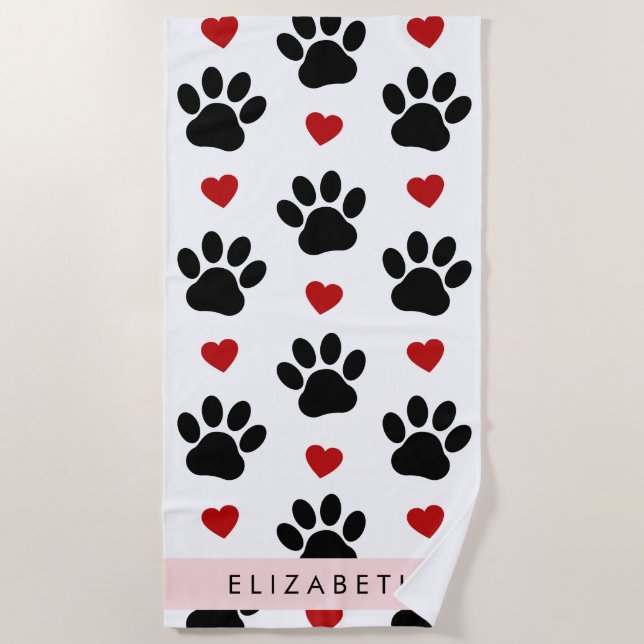 Pattern Of Paws, Black Paws, Red Hearts, Your Name Beach Towel (Front)