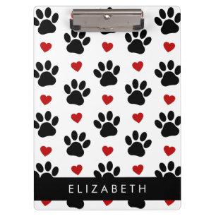 Pattern Of Paws, Black Paws, Red Hearts, Your Name Clipboard