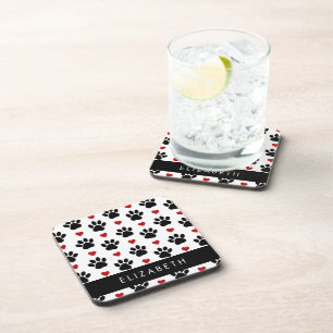 Pattern Of Paws, Black Paws, Red Hearts, Your Name Coaster