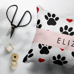 Pattern Of Paws, Black Paws, Red Hearts, Your Name Decorative Cushion