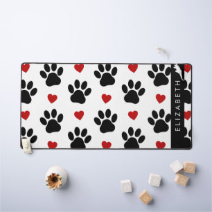 Pattern Of Paws, Black Paws, Red Hearts, Your Name Desk Mat