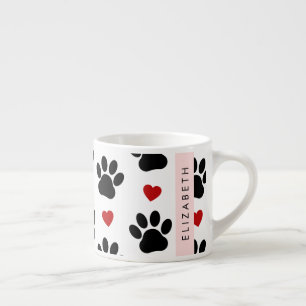 Pattern Of Paws, Black Paws, Red Hearts, Your Name Espresso Cup