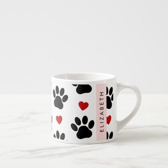 Pattern Of Paws, Black Paws, Red Hearts, Your Name Espresso Cup (Right)