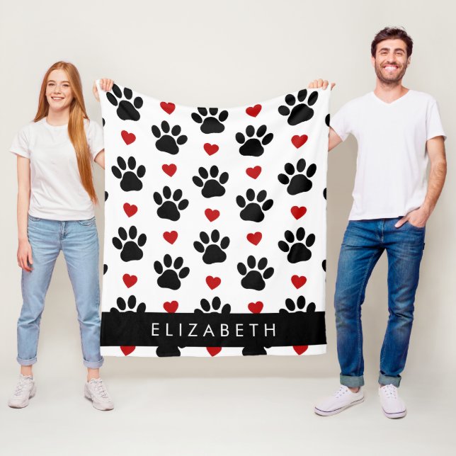 Pattern Of Paws, Black Paws, Red Hearts, Your Name Fleece Blanket (In Situ)