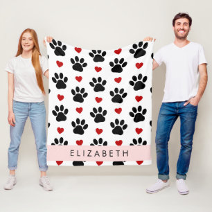Pattern Of Paws, Black Paws, Red Hearts, Your Name Fleece Blanket