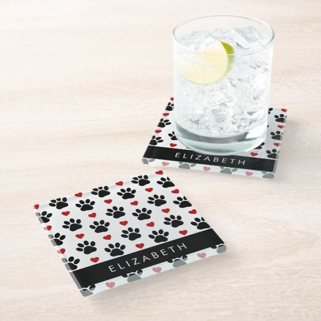 Pattern Of Paws, Black Paws, Red Hearts, Your Name Glass Coaster (Angled)