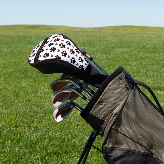 Pattern Of Paws, Black Paws, Red Hearts, Your Name Golf Head Cover (In Situ)