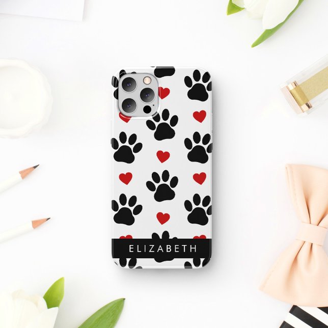 Pattern Of Paws, Black Paws, Red Hearts, Your Name iPhone 16 Case (Creator Uploaded)