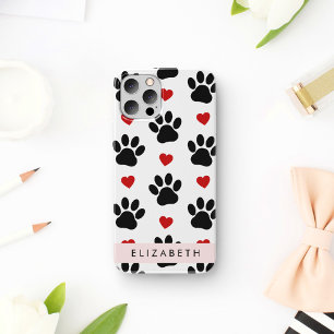 Pattern Of Paws, Black Paws, Red Hearts, Your Name iPhone 16 Case