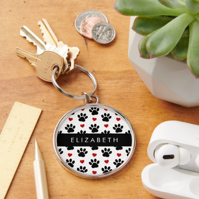 Pattern Of Paws, Black Paws, Red Hearts, Your Name Key Ring (Desk)