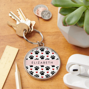 Pattern Of Paws, Black Paws, Red Hearts, Your Name Key Ring