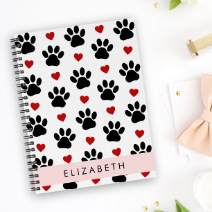Pattern Of Paws, Black Paws, Red Hearts, Your Name Notebook
