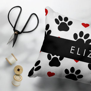 Pattern Of Paws, Black Paws, Red Hearts, Your Name Pillowcase