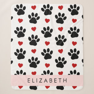 Pattern Of Paws, Black Paws, Red Hearts, Your Name Sherpa Blanket