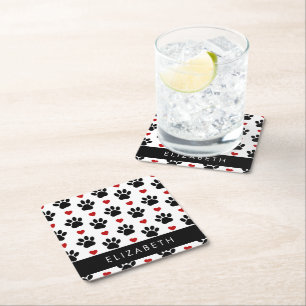 Pattern Of Paws, Black Paws, Red Hearts, Your Name Square Paper Coaster