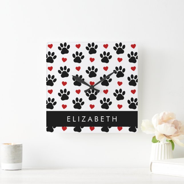 Pattern Of Paws, Black Paws, Red Hearts, Your Name Square Wall Clock (Home)