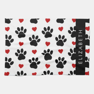 Pattern Of Paws, Black Paws, Red Hearts, Your Name Tea Towel