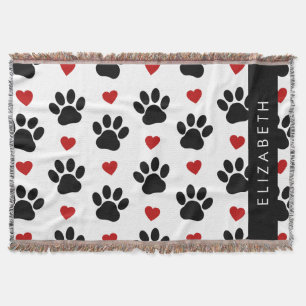Pattern Of Paws, Black Paws, Red Hearts, Your Name Throw Blanket