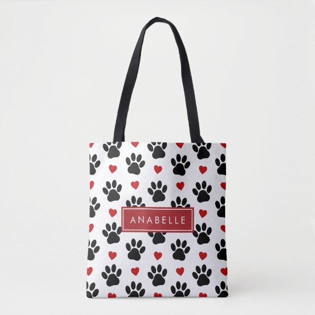 Pattern Of Paws, Black Paws, Red Hearts, Your Name Tote Bag (Front)