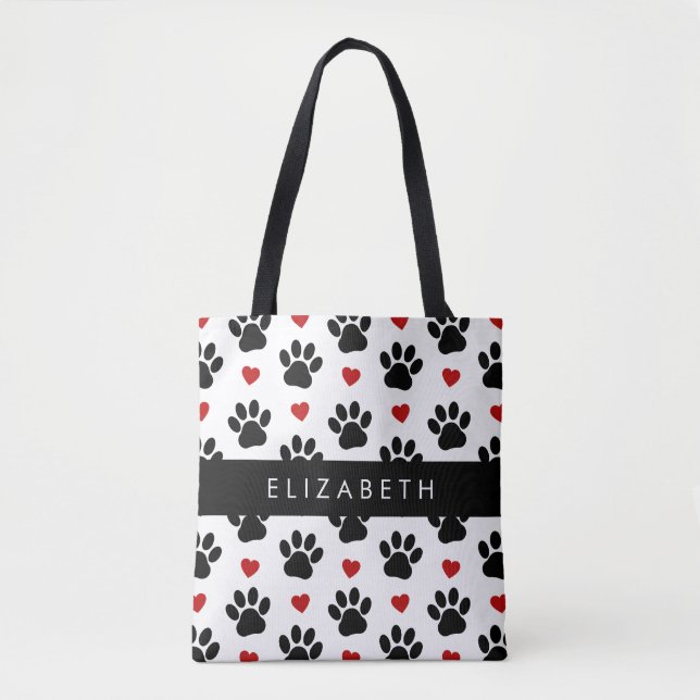 Pattern Of Paws, Black Paws, Red Hearts, Your Name Tote Bag (Front)