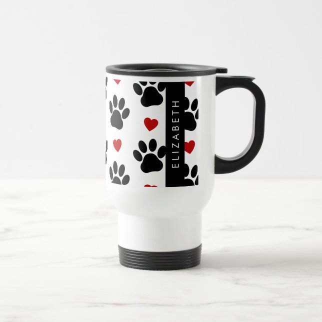 Pattern Of Paws, Black Paws, Red Hearts, Your Name Travel Mug (Right)