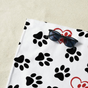 Pattern Of Paws, Black Paws, Red Paws, Hearts Beach Towel