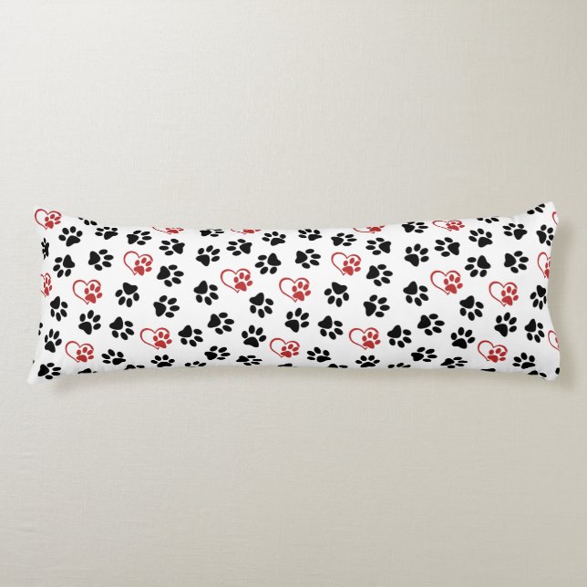 Pattern Of Paws, Black Paws, Red Paws, Hearts Body Cushion (Front)