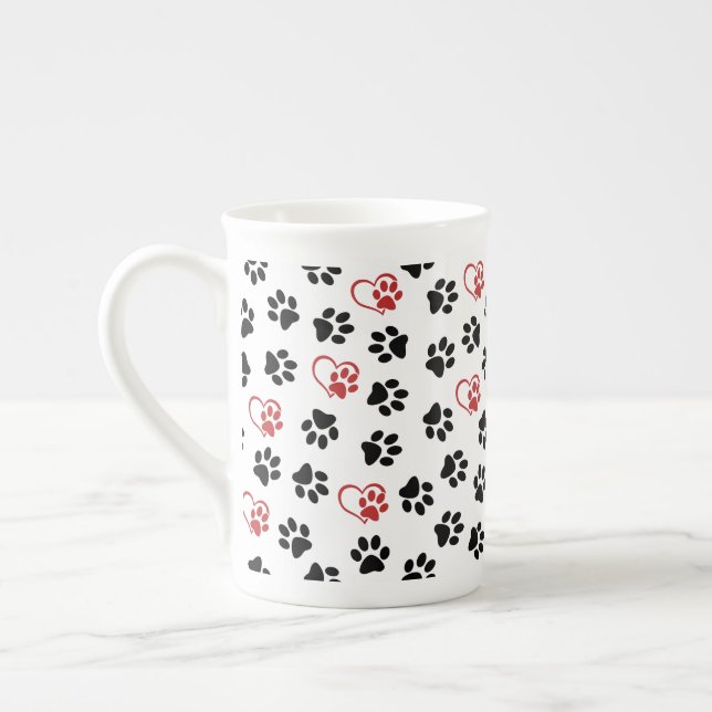 Pattern Of Paws, Black Paws, Red Paws, Hearts Bone China Mug (Left)
