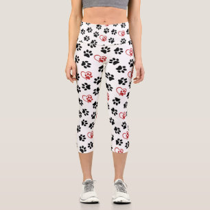 Pattern Of Paws, Black Paws, Red Paws, Hearts Capri Leggings