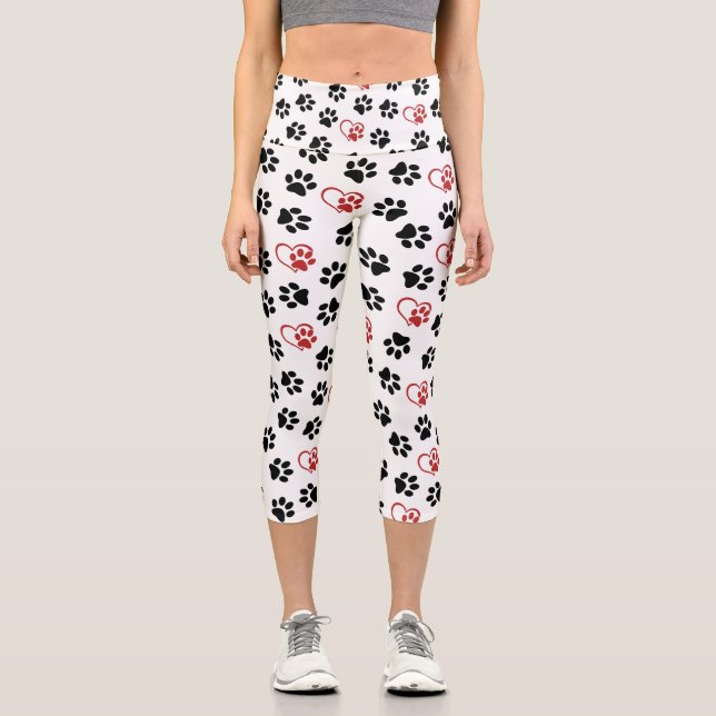 Pattern Of Paws, Black Paws, Red Paws, Hearts Capri Leggings (Front)