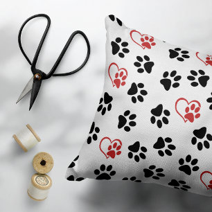 Pattern Of Paws, Black Paws, Red Paws, Hearts Decorative Cushion