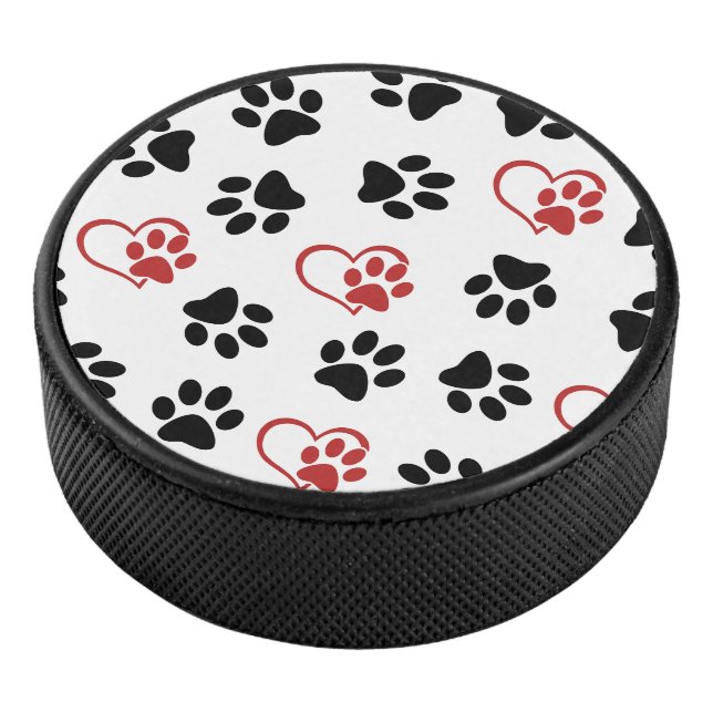Pattern Of Paws, Black Paws, Red Paws, Hearts Hockey Puck (3/4)