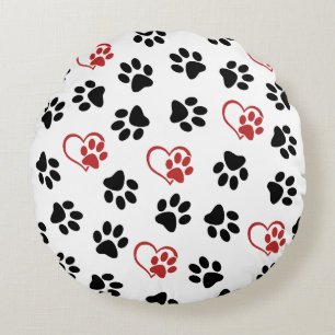 Pattern Of Paws, Black Paws, Red Paws, Hearts Round Cushion