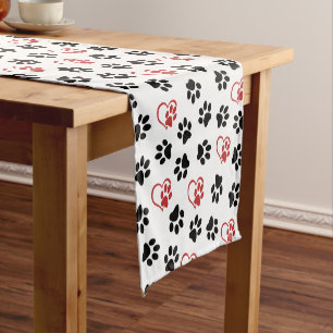 Pattern Of Paws, Black Paws, Red Paws, Hearts Short Table Runner