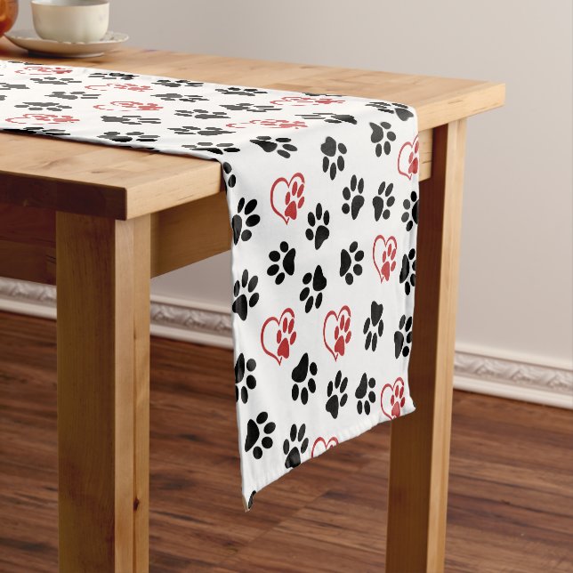 Pattern Of Paws, Black Paws, Red Paws, Hearts Short Table Runner (In Situ)