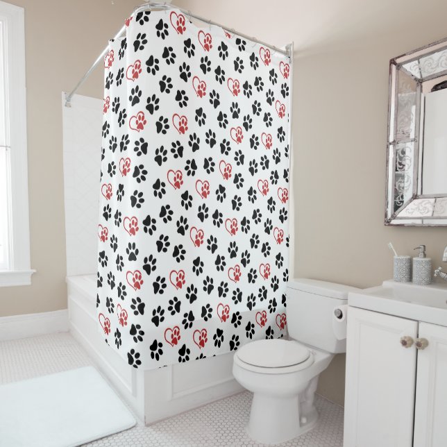 Pattern Of Paws, Black Paws, Red Paws, Hearts Shower Curtain (In Situ)