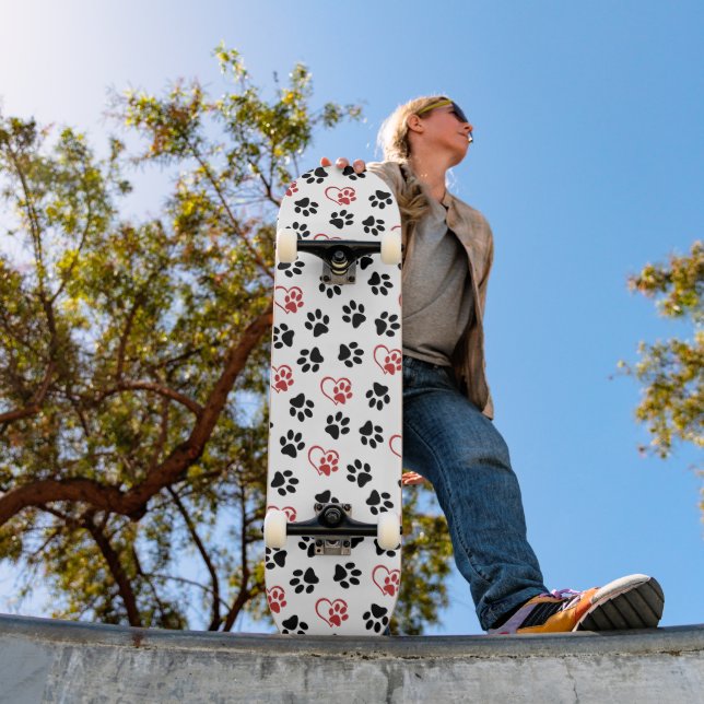 Pattern Of Paws, Black Paws, Red Paws, Hearts Skateboard (Outdoor 1)