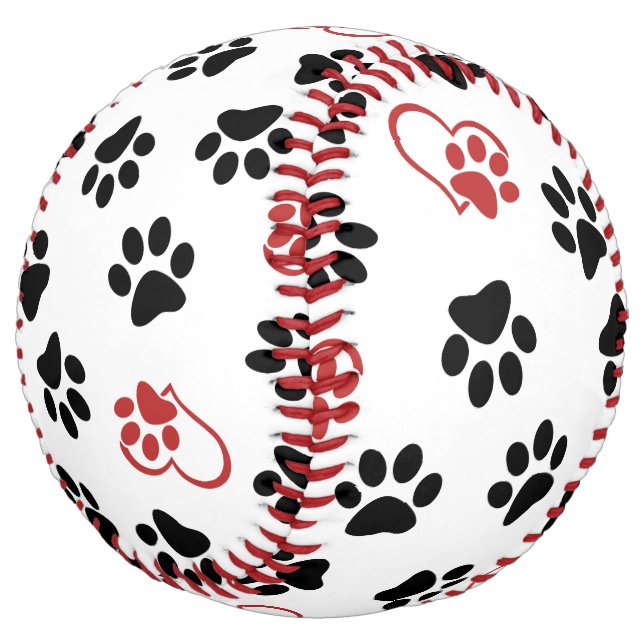 Pattern Of Paws, Black Paws, Red Paws, Hearts Softball (Angled)