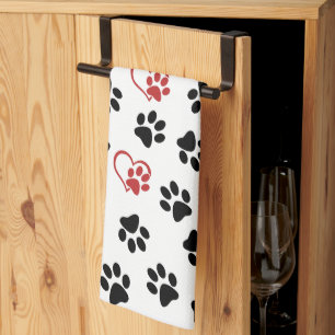 Pattern Of Paws, Black Paws, Red Paws, Hearts Tea Towel