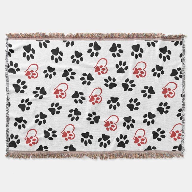 Pattern Of Paws, Black Paws, Red Paws, Hearts Throw Blanket (Front)