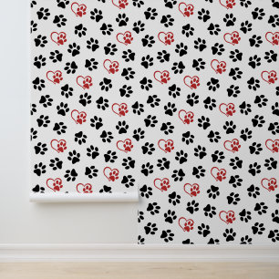 Pattern Of Paws, Black Paws, Red Paws, Hearts Wallpaper
