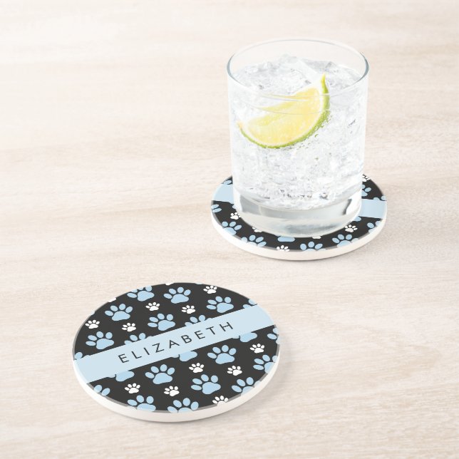 Pattern Of Paws, Blue Paws, Dog Paws, Your Name Coaster (Side)