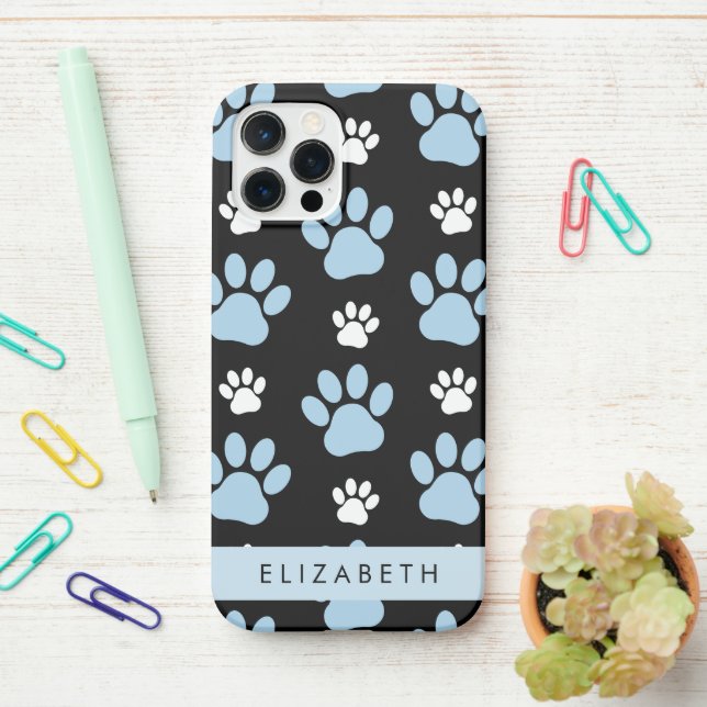 Pattern Of Paws, Blue Paws, Dog Paws, Your Name iPhone Case (On Desk)