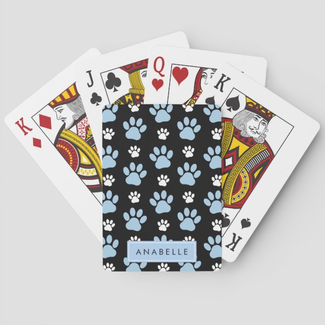 Pattern Of Paws, Blue Paws, Dog Paws, Your Name Playing Cards (Back)