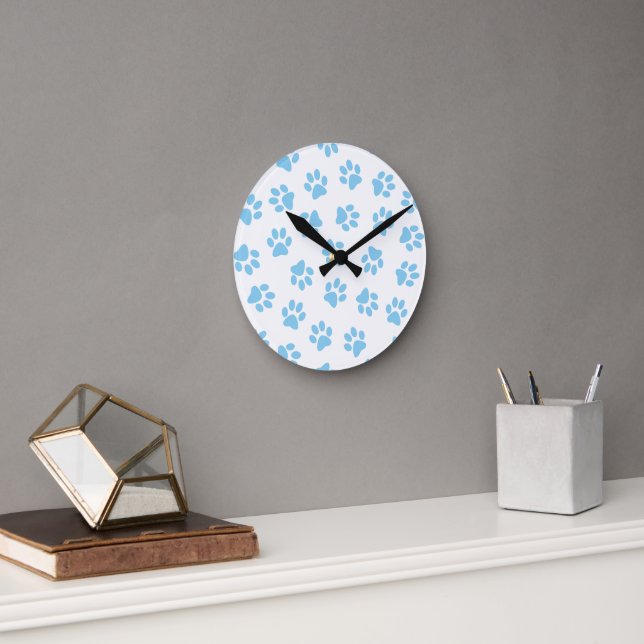 Pattern Of Paws, Dog Paws, Baby Blue Paws Round Clock (Office)