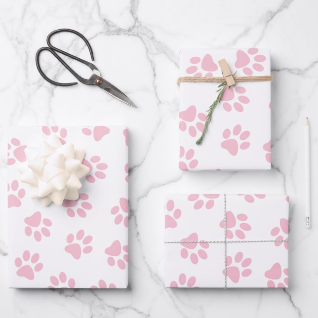 Pattern Of Paws, Dog Paws, Baby Pink Paws Wrapping Paper Sheet (Front)