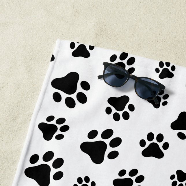Pattern Of Paws, Dog Paws, Black and White Beach Towel (In Situ)